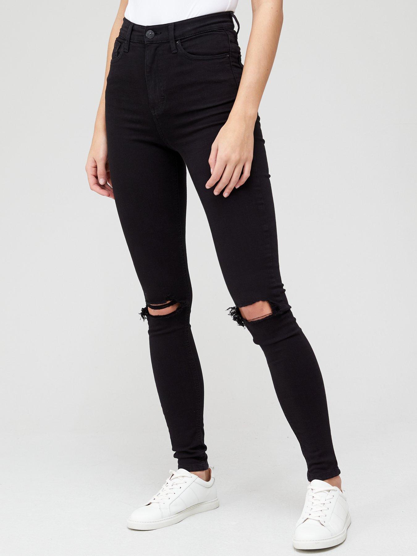 Womens Ripped Jeans Black White High Waisted Jeggings Trousers Knee Skinny Size